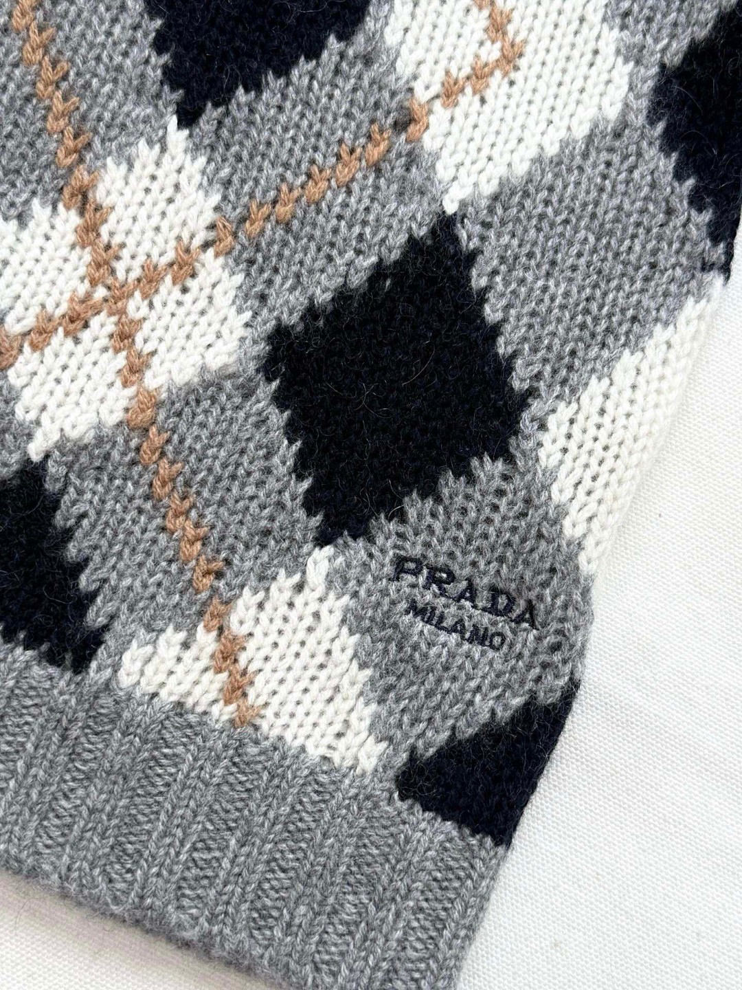 PRADA 普拉达 学院风菱格纹羊绒毛衣 针织衫 外套 短袖 灰色 B5 P24T2P-172D-F0031-S-000