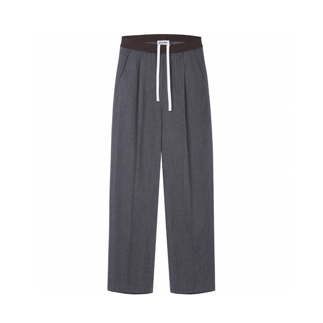 MIU MIU 系带细条纹直筒休闲裤 长裤 裤子 灰色 B0 MP1925-174X-F0480-S-OOO