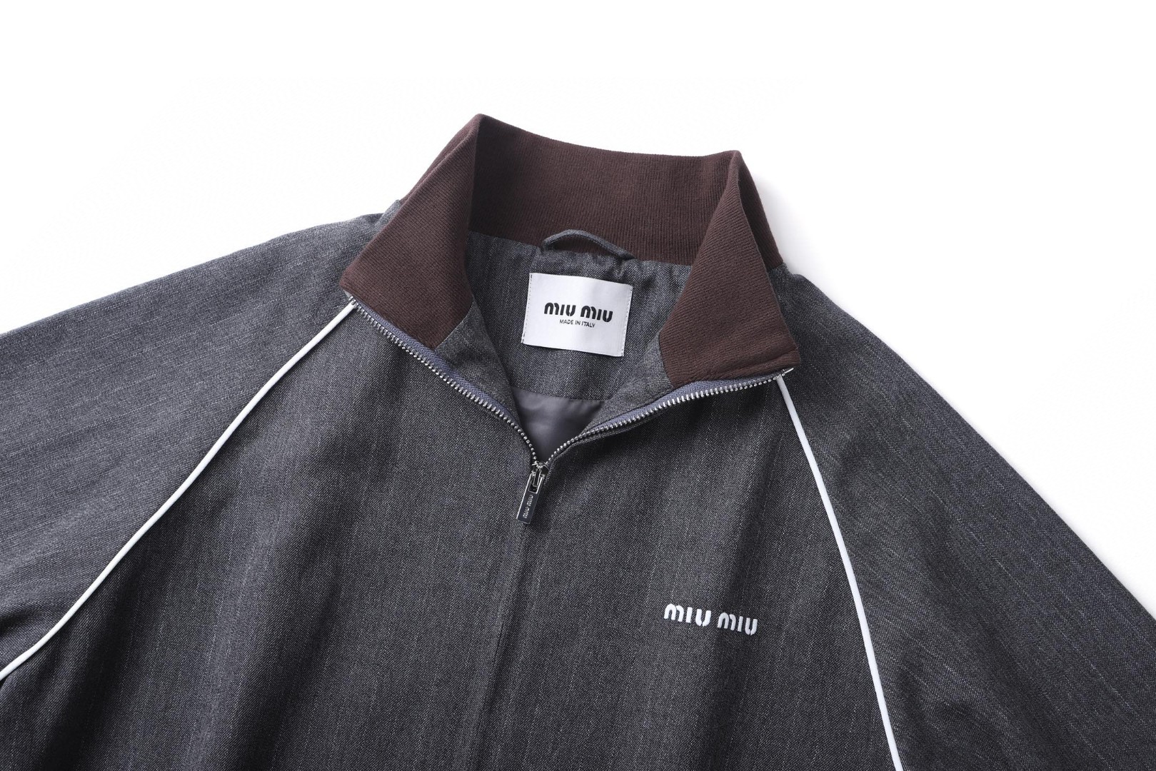 MIU MIU 缪缪 立领细条纹拉链夹克 外套 长袖 灰色 B5 