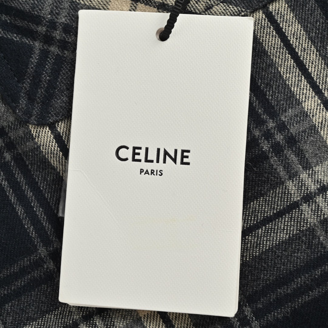 CELINE 赛琳 格纹羊绒连帽衬衫外套 夹克 长袖 蓝灰色 C0 2W65B912X-07MR