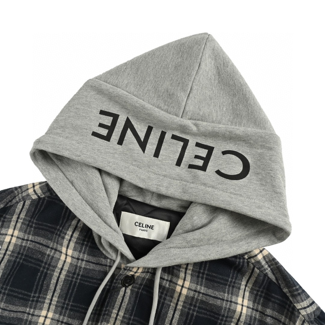 CELINE 赛琳 格纹羊绒连帽衬衫外套 夹克 长袖 蓝灰色 C0 2W65B912X-07MR