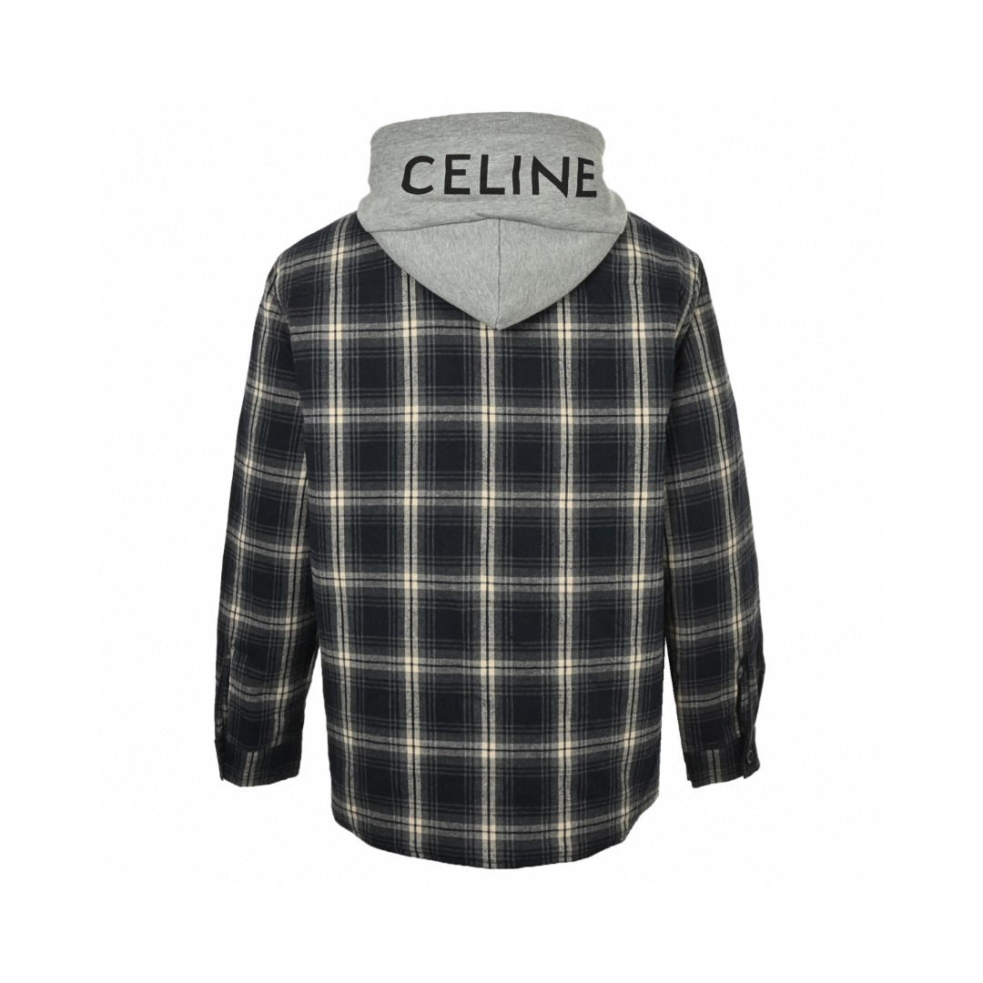 CELINE 赛琳 格纹羊绒连帽衬衫外套 夹克 长袖 蓝灰色 C0 2W65B912X-07MR