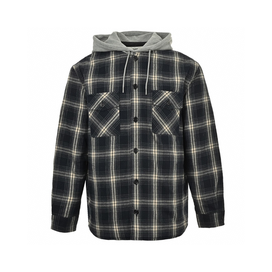 CELINE 赛琳 格纹羊绒连帽衬衫外套 夹克 长袖 蓝灰色 C0 2W65B912X-07MR