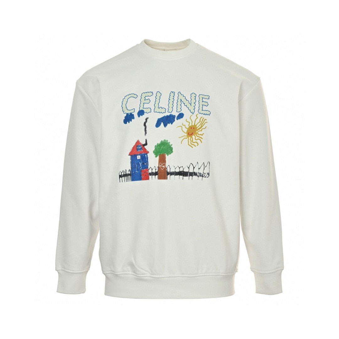 CELINE 赛琳 涂鸦绘画印花圆领卫衣 长袖 白色 黑色 A5
