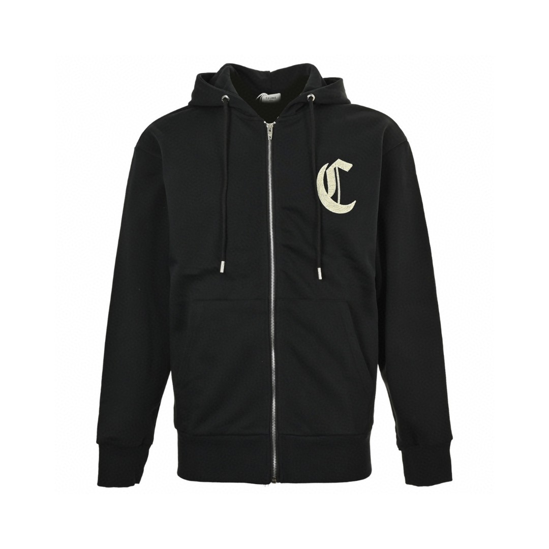 CELINE 赛琳 哥特字母刺绣拉链连帽卫衣 外套 长袖 黑色 白色 B0 RY09I670Q-38AW