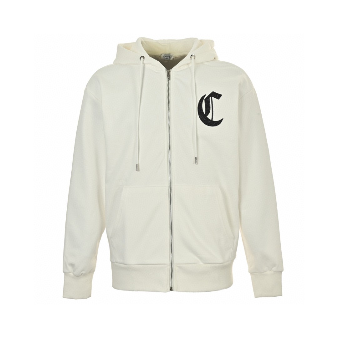 CELINE 赛琳 哥特字母刺绣拉链连帽卫衣 外套 长袖 黑色 白色 B0 RY09I670Q-38AW