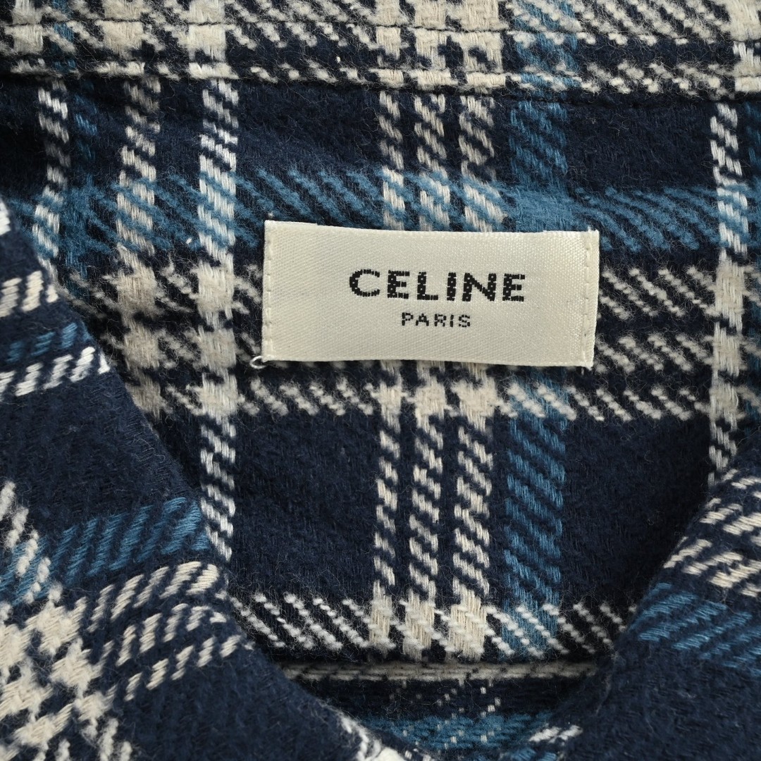 CELINE 赛琳 法兰绒格纹衬衫 外套 长袖 蓝色 B0 RC00Q979X-07NU