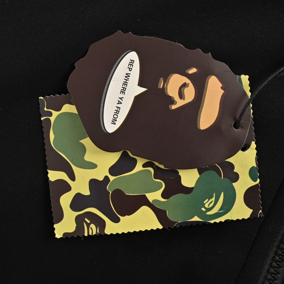 A BATHING APE Bape 迷彩拼接鲨鱼头多标拉链连帽卫衣 外套 长袖 黑色 灰色 B0