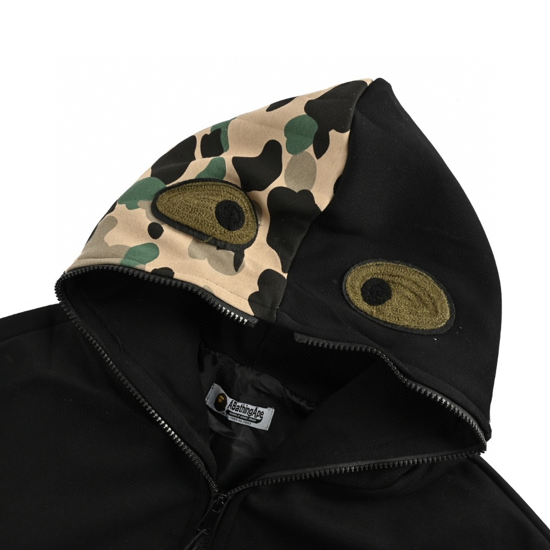 A BATHING APE Bape 迷彩拼接鲨鱼头多标拉链连帽卫衣 外套 长袖 黑色 灰色 B0