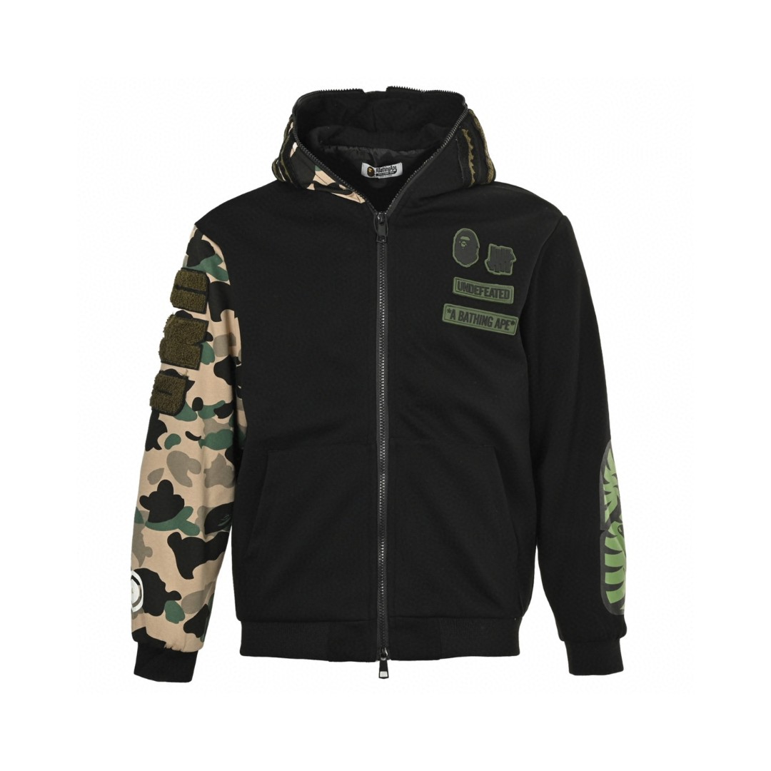 A BATHING APE Bape 迷彩拼接鲨鱼头多标拉链连帽卫衣 外套 长袖 黑色 灰色 B0