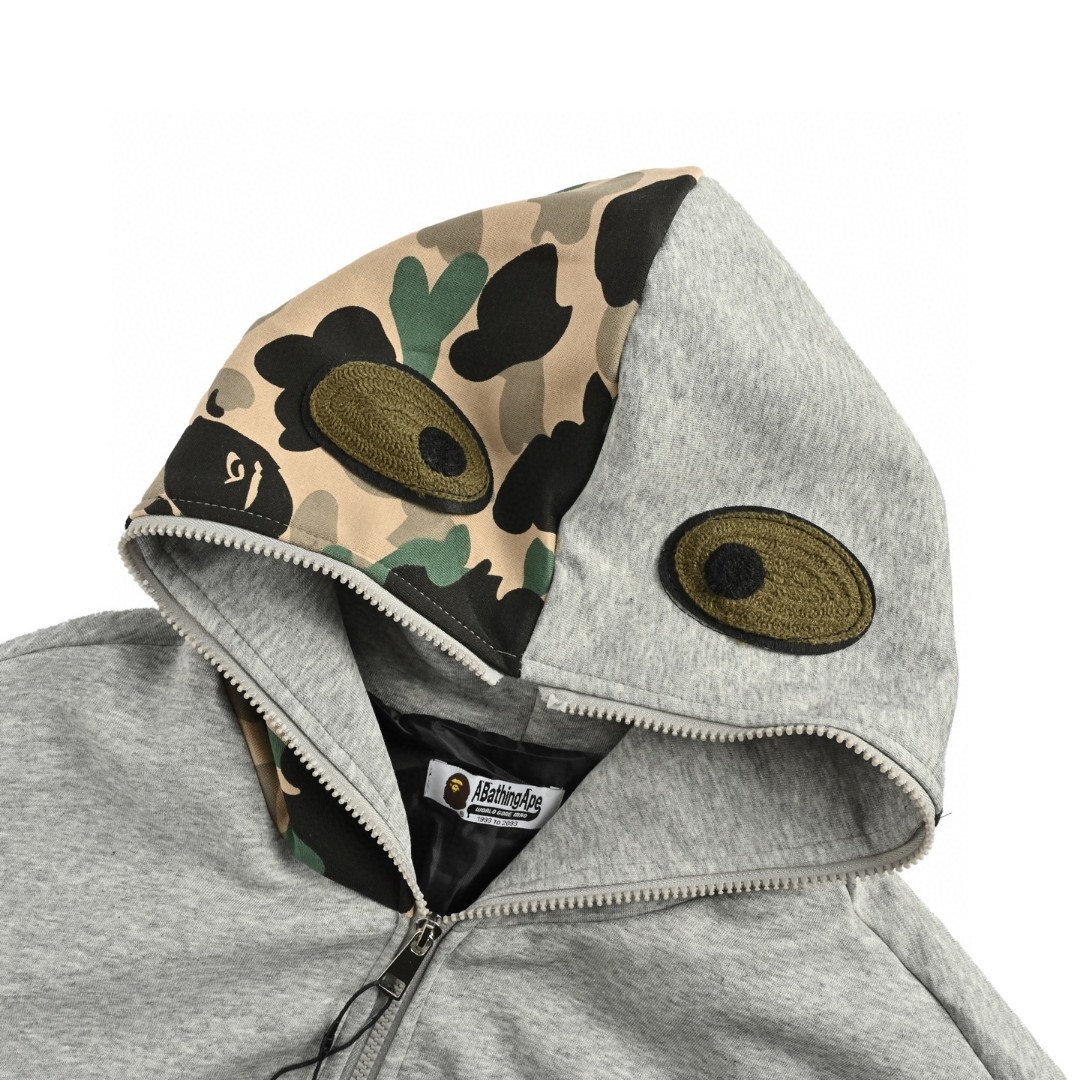 A BATHING APE Bape 迷彩拼接鲨鱼头多标拉链连帽卫衣 外套 长袖 黑色 灰色 B0
