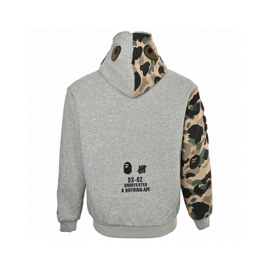 A BATHING APE Bape 迷彩拼接鲨鱼头多标拉链连帽卫衣 外套 长袖 黑色 灰色 B0