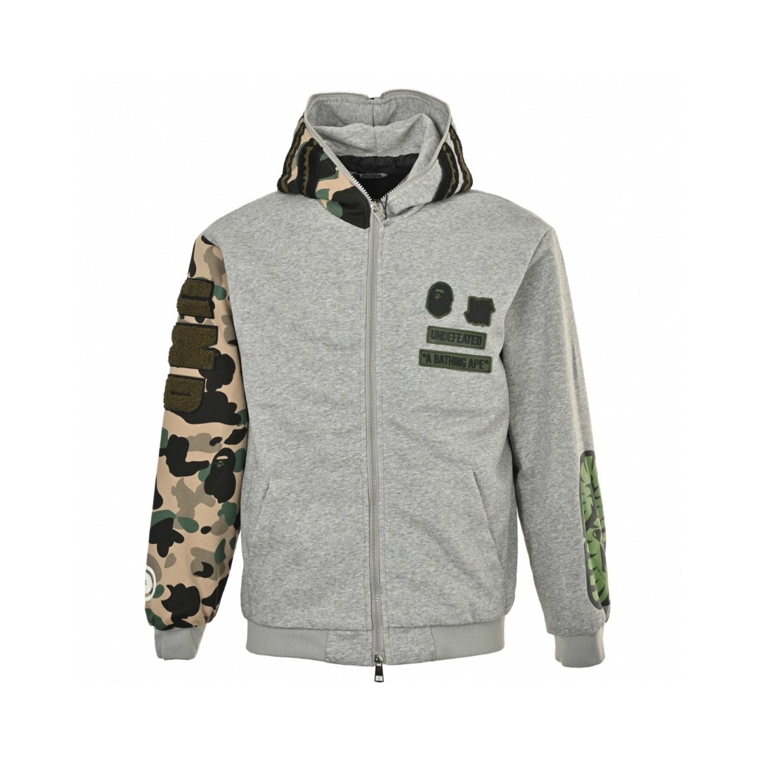 A BATHING APE Bape 迷彩拼接鲨鱼头多标拉链连帽卫衣 外套 长袖 黑色 灰色 B0