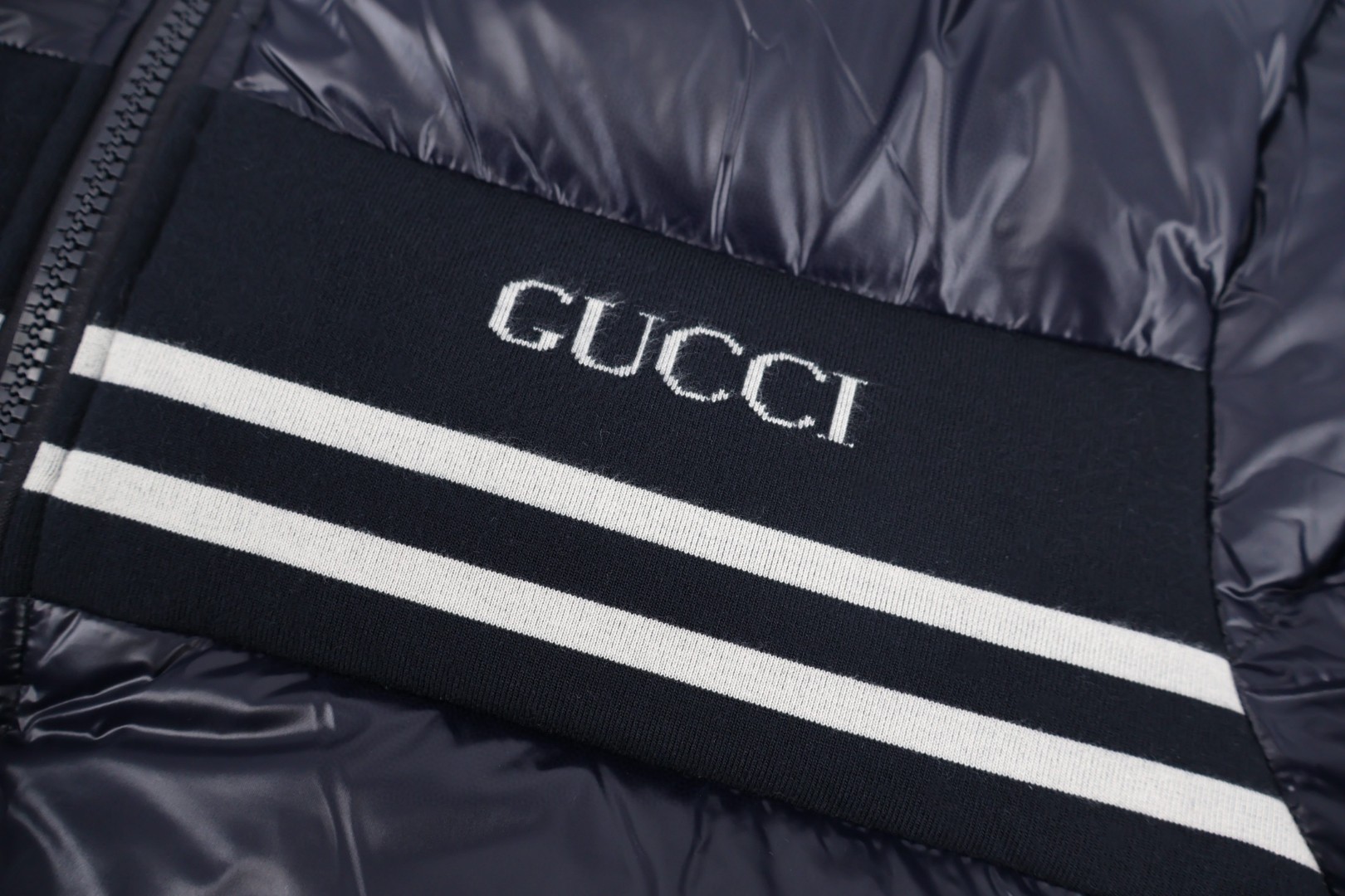 GUCCl 古驰 白条织带拉链羽绒服 外套 长袖 保暖 蓝色 E2 