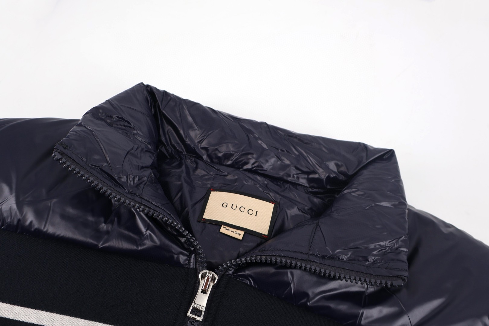 GUCCl 古驰 白条织带拉链羽绒服 外套 长袖 保暖 蓝色 E2 