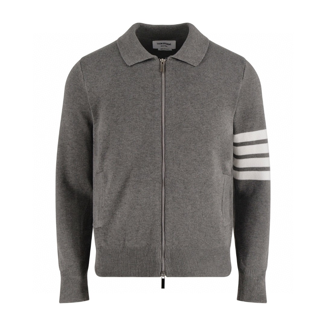 THOM BROWNE 四条杠织带羊毛针织拉链开衫 毛衣 外套 长袖 深蓝色 灰色 B0 MKJ071A-Y1002-025