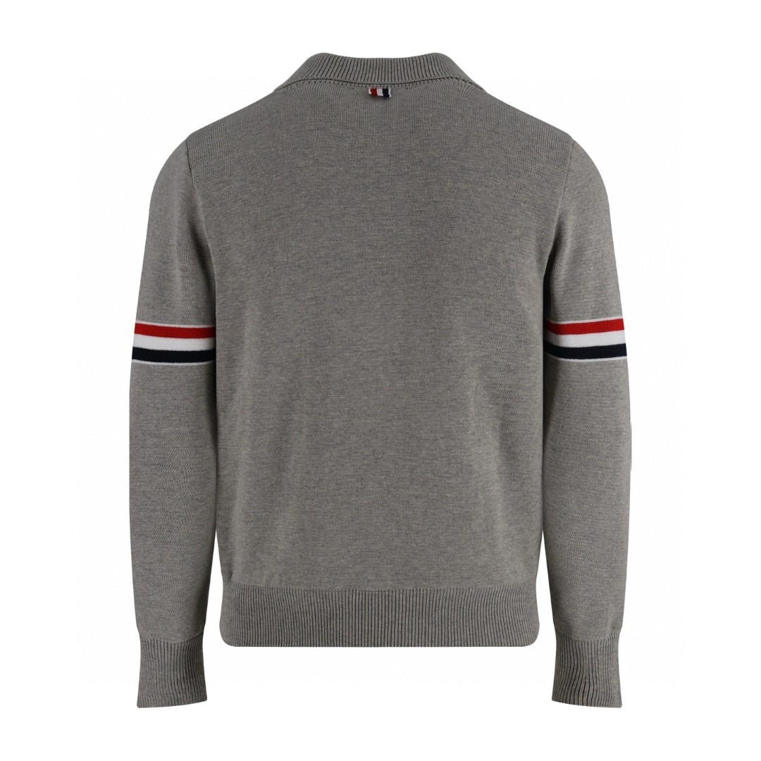 THOM BROWNE 织带羊毛针织拉链开衫 毛衣 外套 长袖 深蓝色 灰色 B0 MKJ076A-Y3007-415