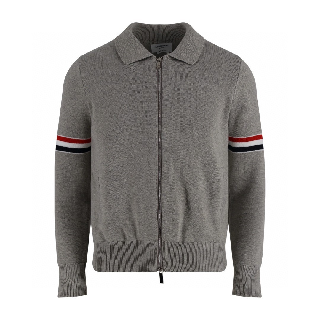 THOM BROWNE 织带羊毛针织拉链开衫 毛衣 外套 长袖 深蓝色 灰色 B0 MKJ076A-Y3007-415