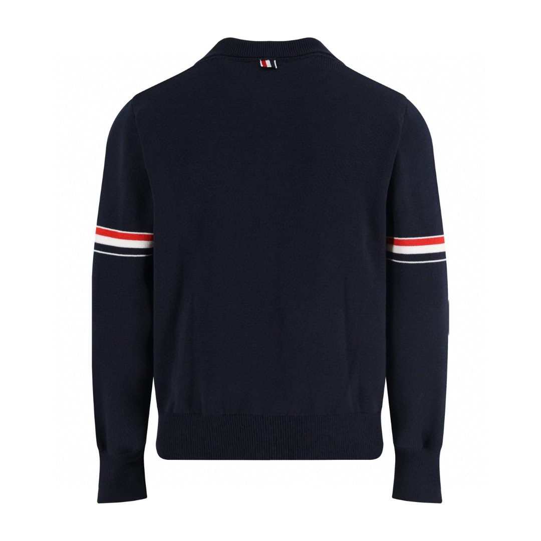 THOM BROWNE 织带羊毛针织拉链开衫 毛衣 外套 长袖 深蓝色 灰色 B0 MKJ076A-Y3007-415