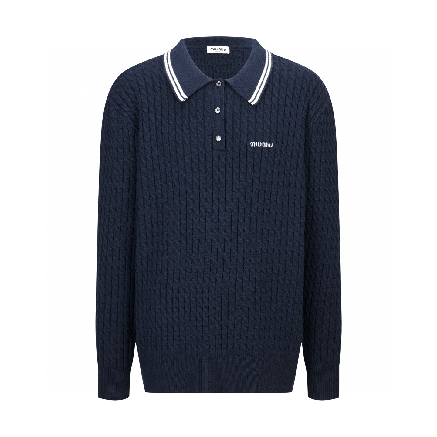 MIU MIU 缪缪 麻花针织Polo领毛衣 针织衫 长袖 藏蓝色 B0