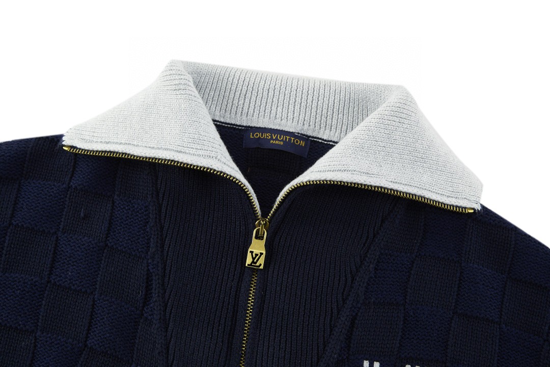 LOUIS VUITTON 路易威登 棋盘格羊毛针织开衫 毛衣 针织衫 外套 深蓝色 B5 1AJBVJ