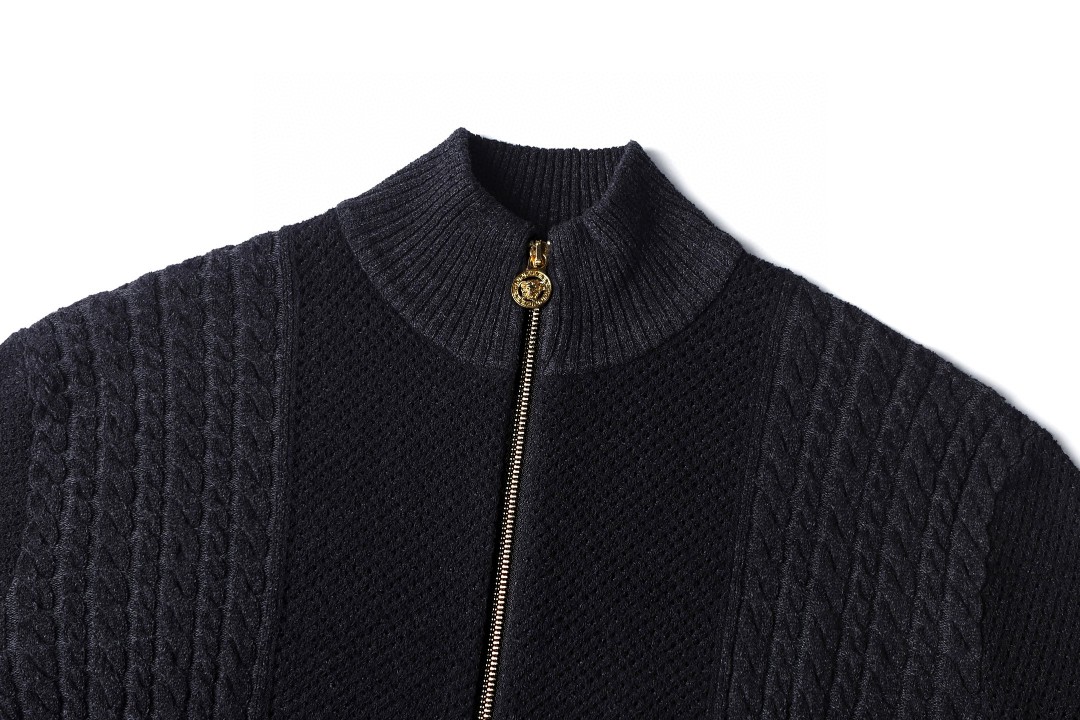 Versace 范思哲高领提花拉链开衫 毛衣 针织衫 外套 长袖 黑色 C0 1020594-1A14677-1EF70