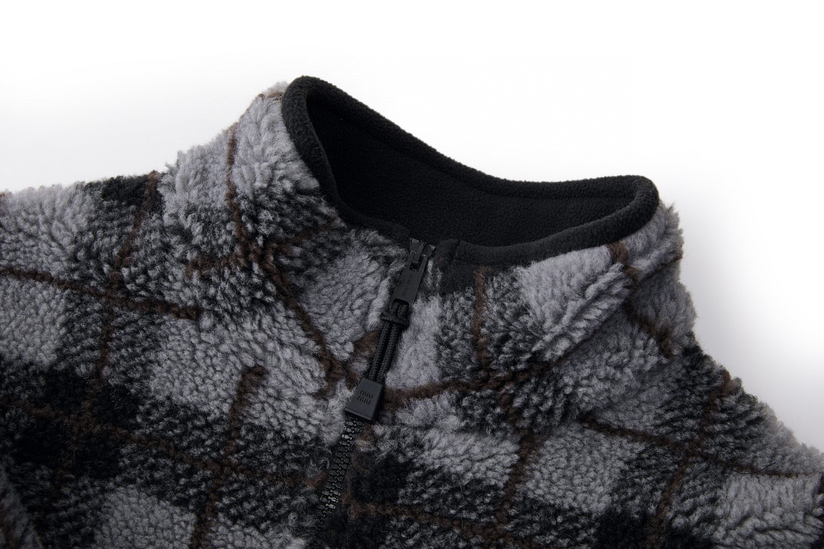 MIU MIU 缪缪 泰迪羊羔绒格子刺绣拉链外套 夹克 长袖 灰色 C0 MJL042-18ZQ-F0BD9-S-OOO