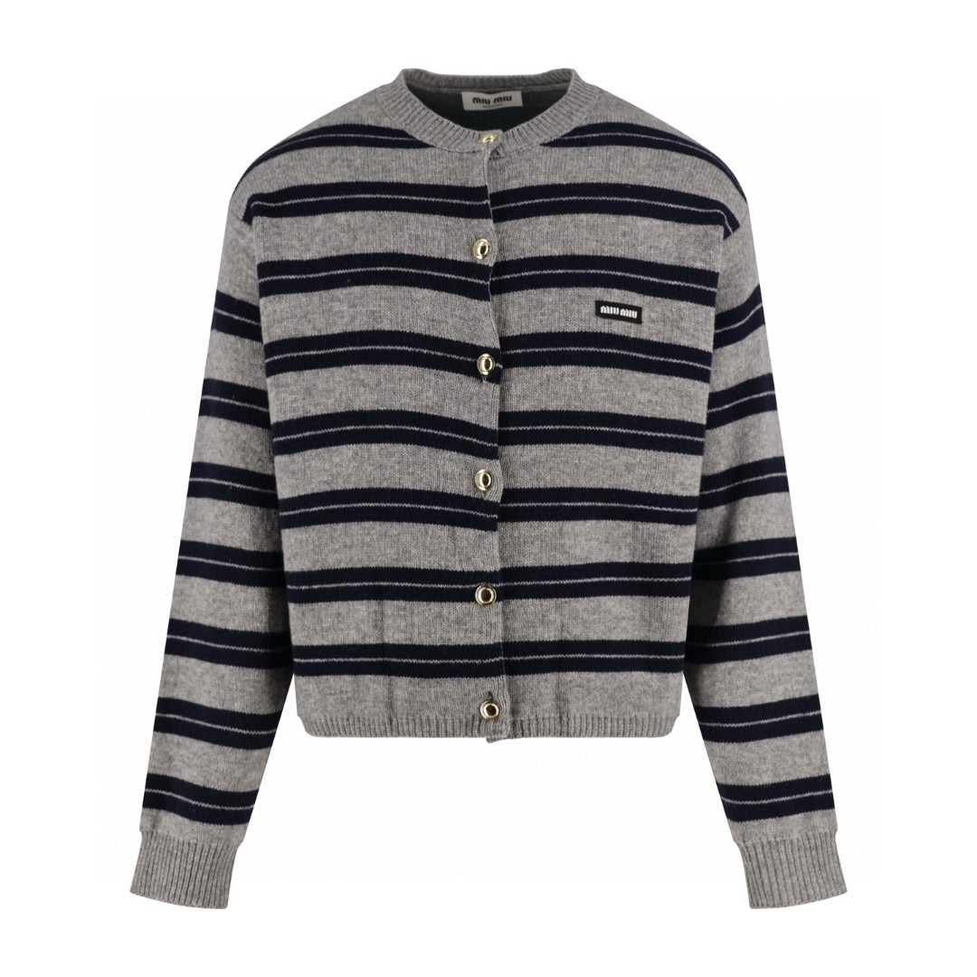 MIU MIU 缪缪 羊毛条纹撞色开衫 毛衣 针织衫 长袖 灰色 C5 MMF899-15NQ-F0MZQ-S-OOO