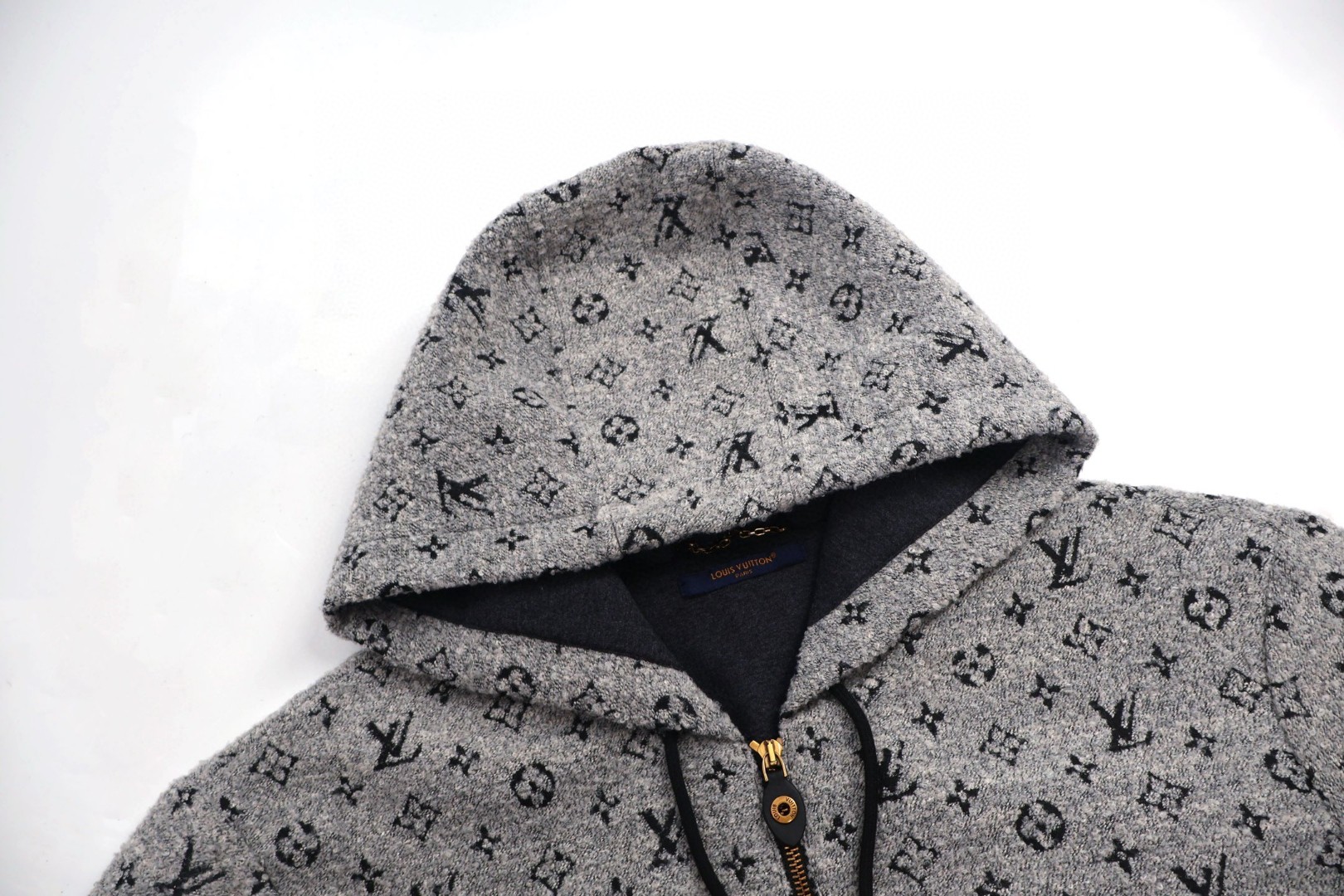 LOUIS VUITTON 路易威登 珠皮呢老花拉链连帽卫衣 帽衫 外套 灰色 C5 1AHZN9