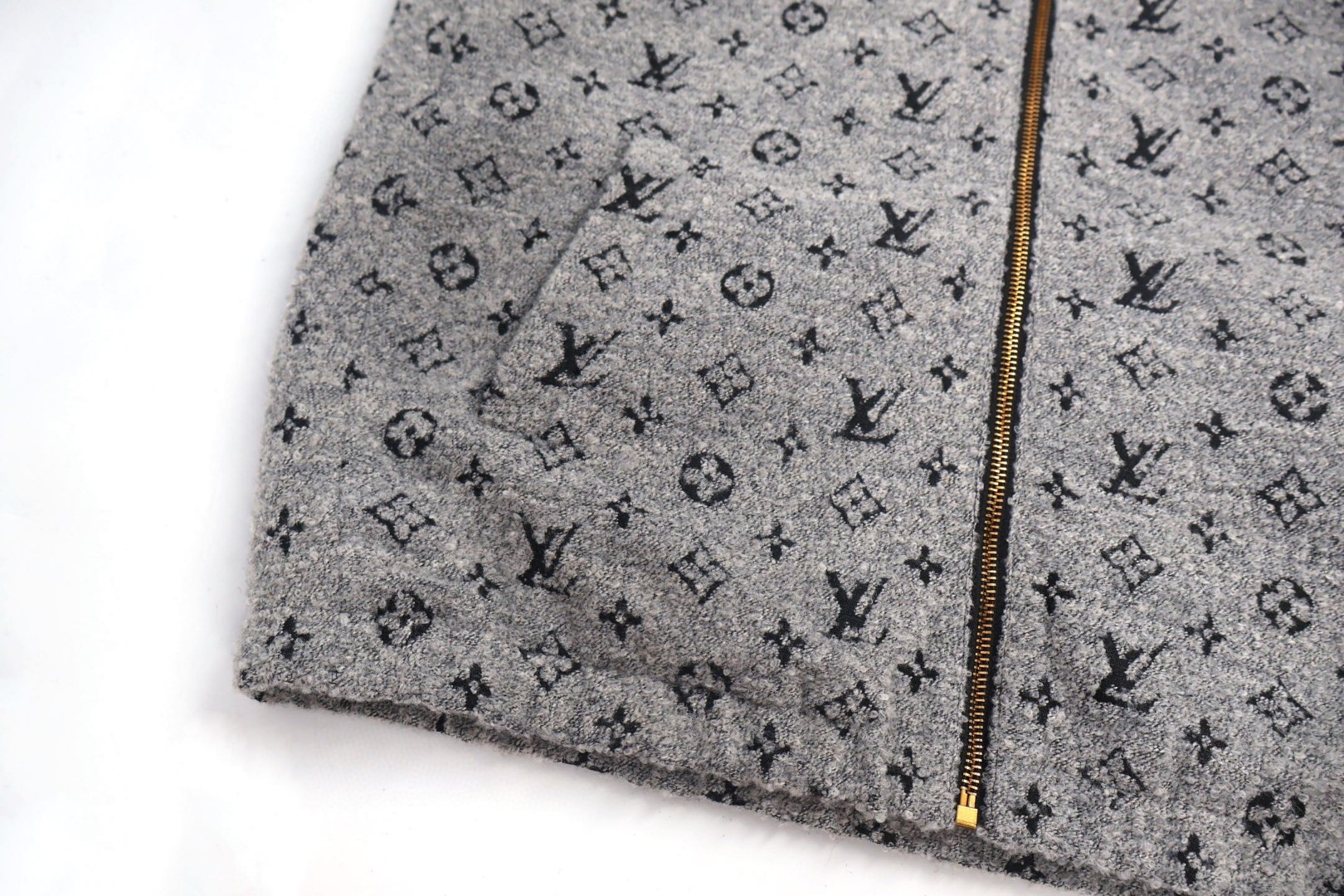 LOUIS VUITTON 路易威登 珠皮呢老花拉链连帽卫衣 帽衫 外套 灰色 C5 1AHZN9