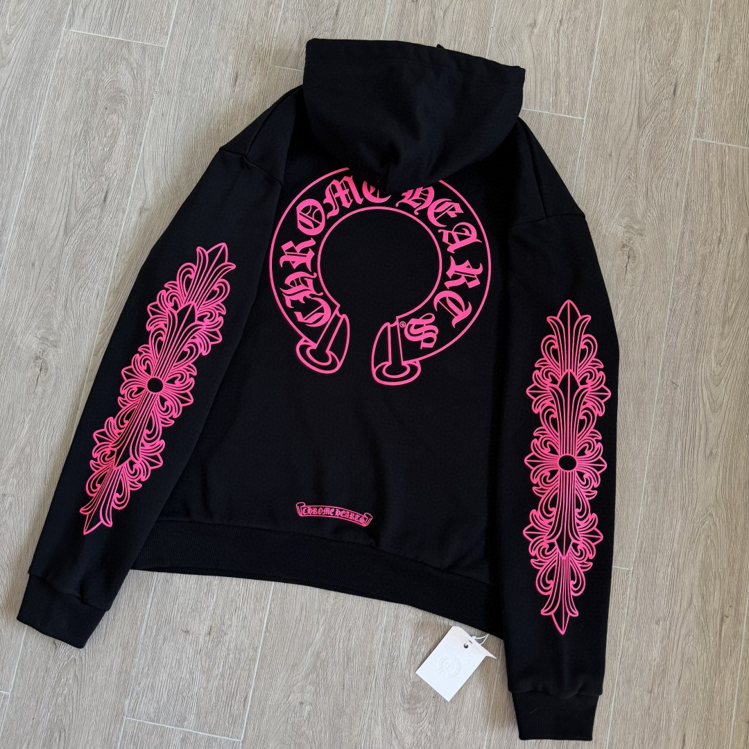 925纯银 Chrome Hearts 克罗心 后背粉色马蹄连帽卫衣 套头 外套 黑色 A5 