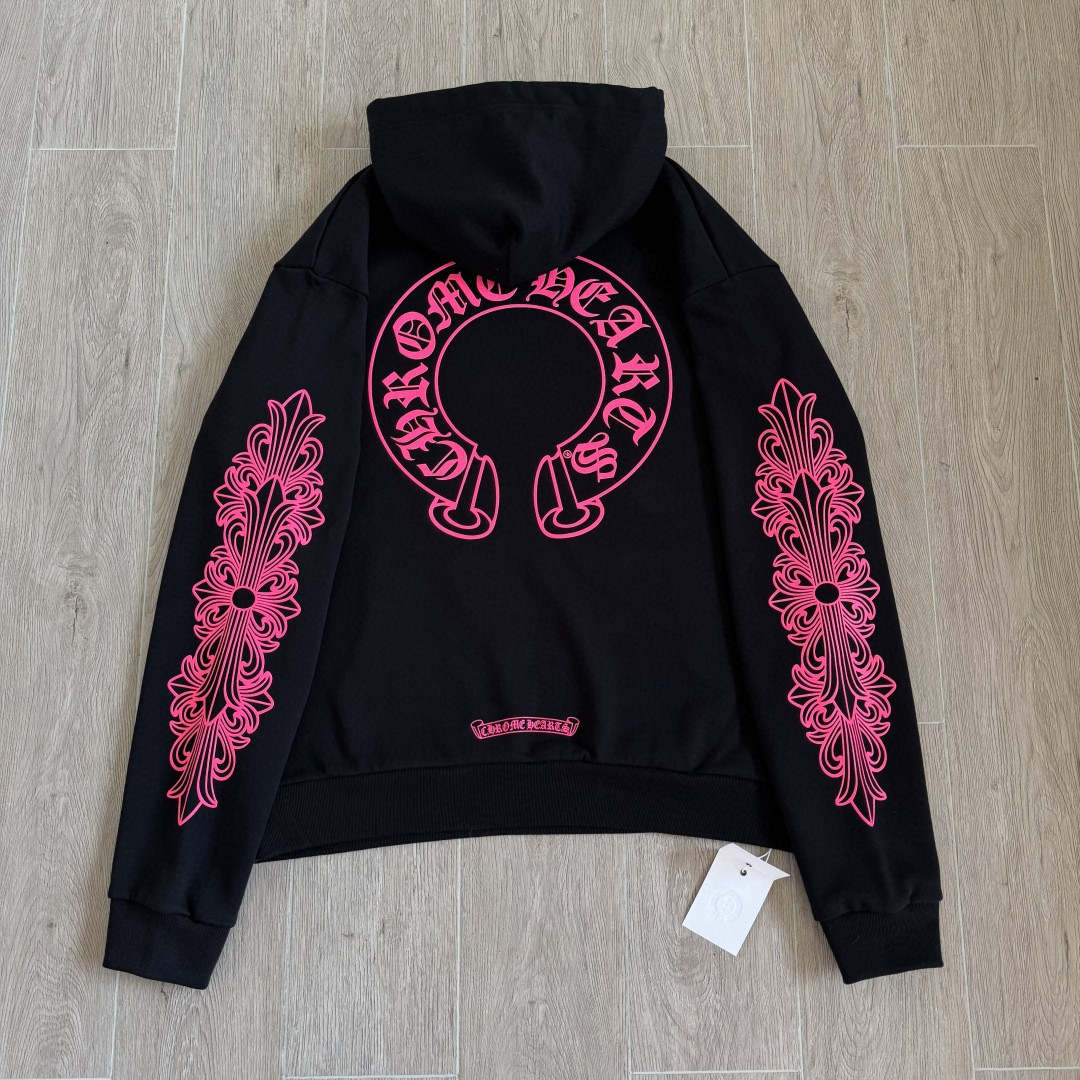 925纯银 Chrome Hearts 克罗心 后背粉色马蹄连帽卫衣 套头 外套 黑色 A5 