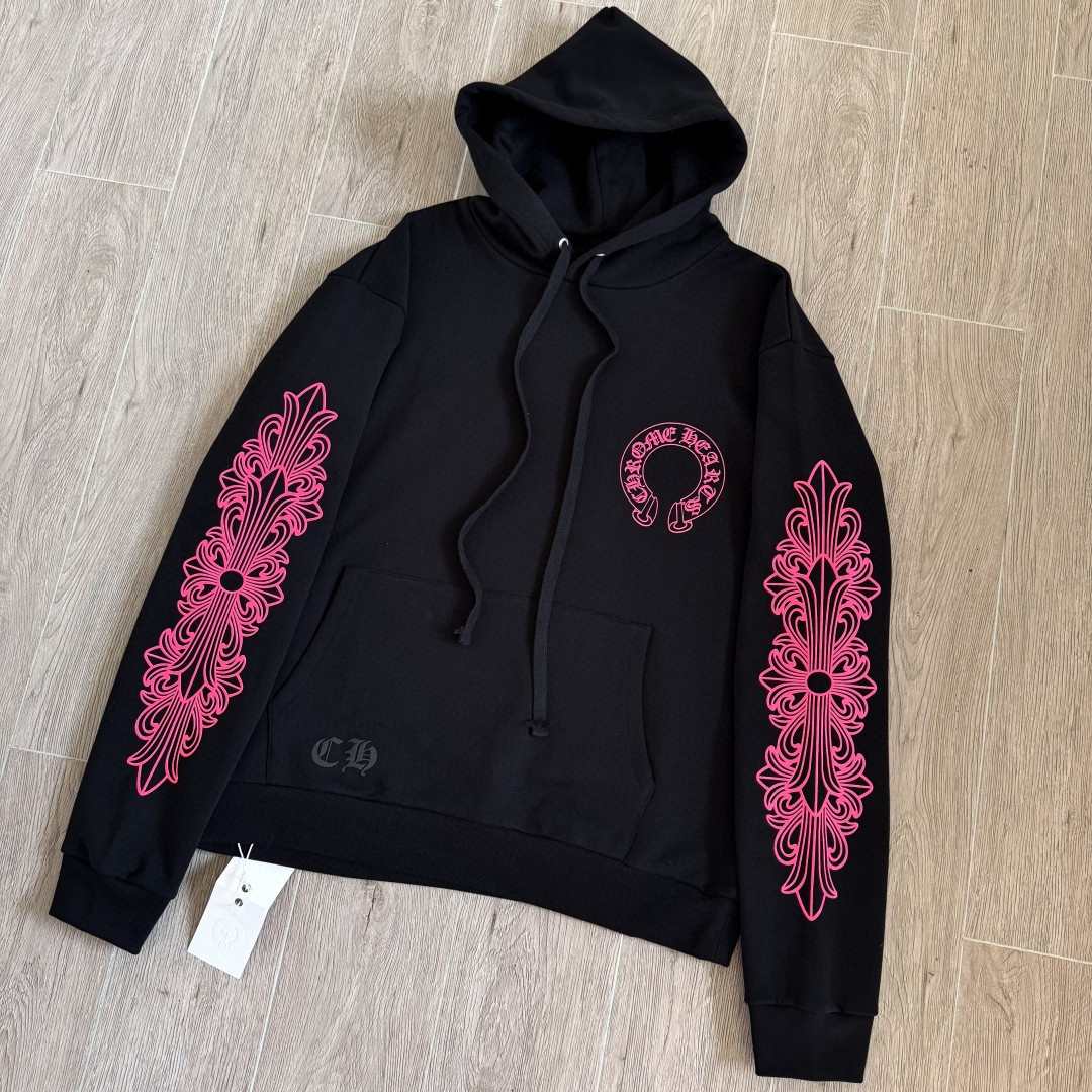 925纯银 Chrome Hearts 克罗心 后背粉色马蹄连帽卫衣 套头 外套 黑色 A5 