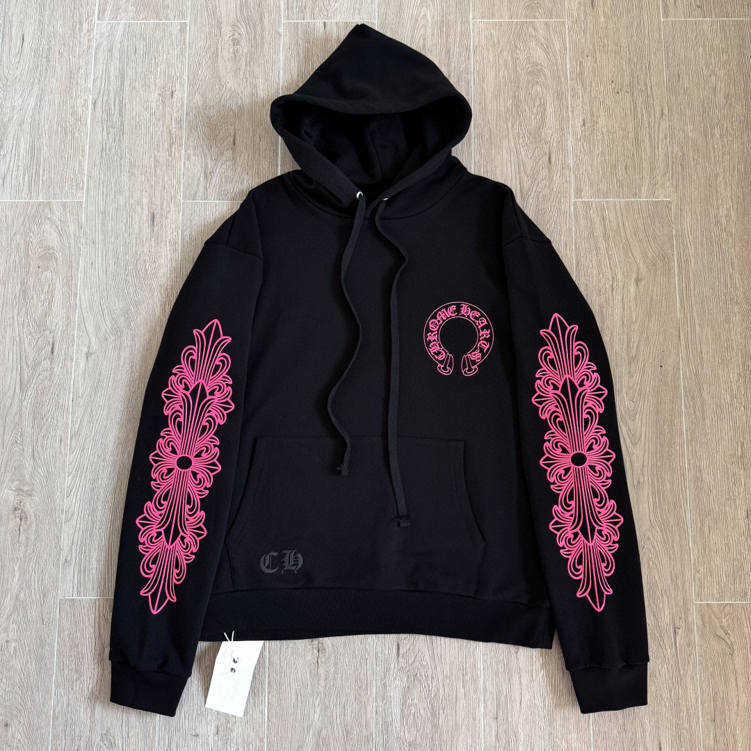 925纯银 Chrome Hearts 克罗心 后背粉色马蹄连帽卫衣 套头 外套 黑色 A5 