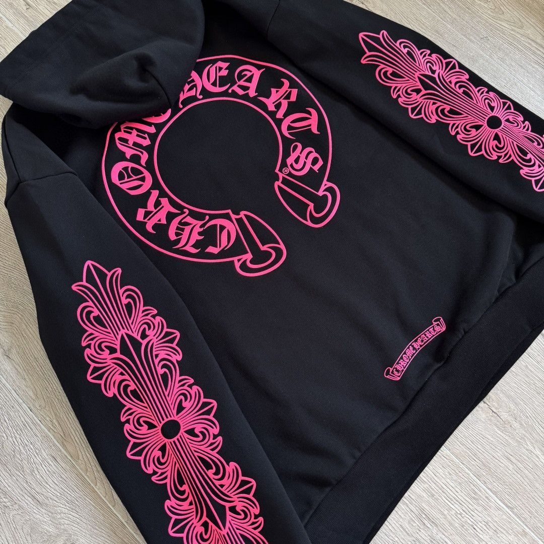 925纯银 Chrome Hearts 克罗心 后背粉色马蹄连帽卫衣 套头 外套 黑色 A5 