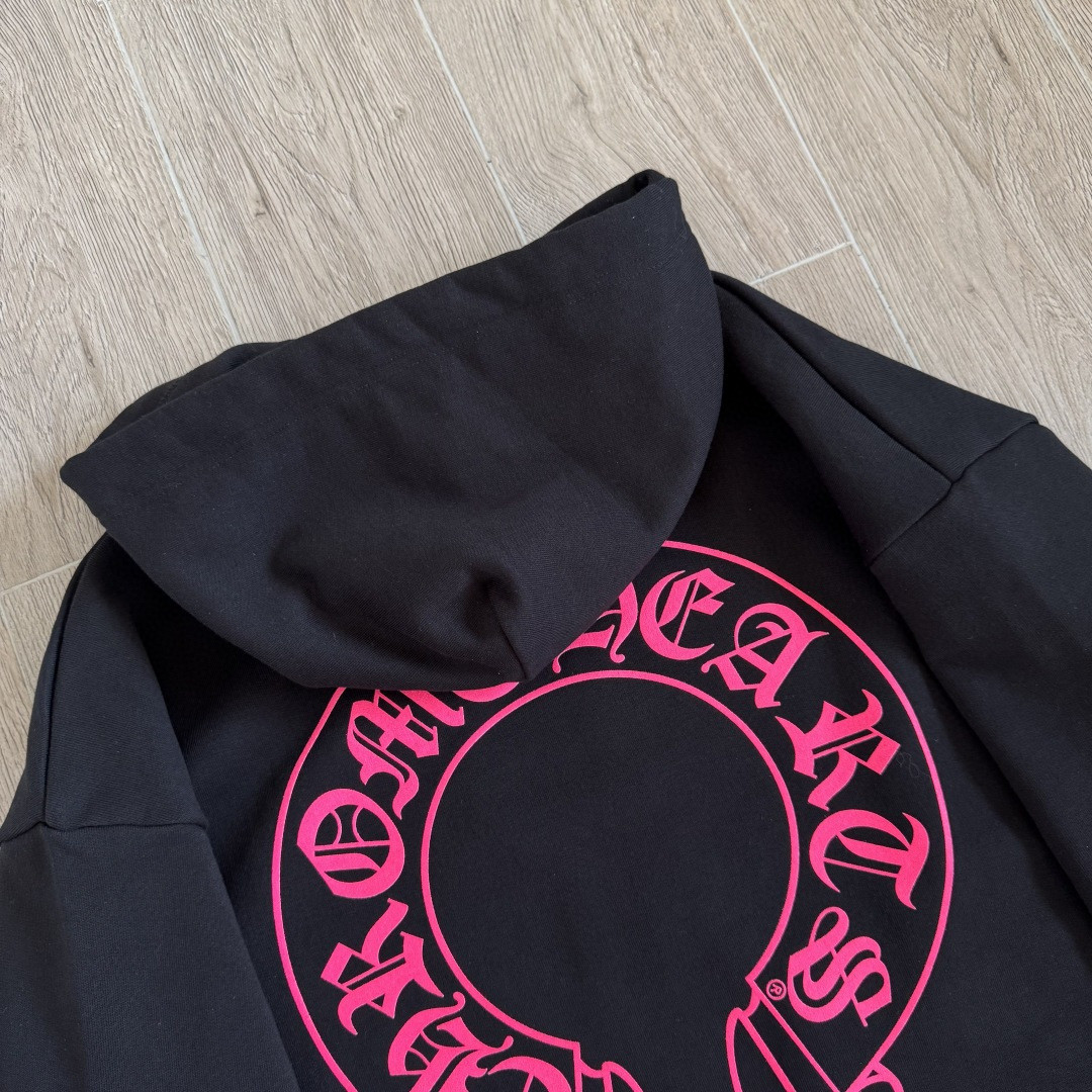 925纯银 Chrome Hearts 克罗心 后背粉色马蹄连帽卫衣 套头 外套 黑色 A5 