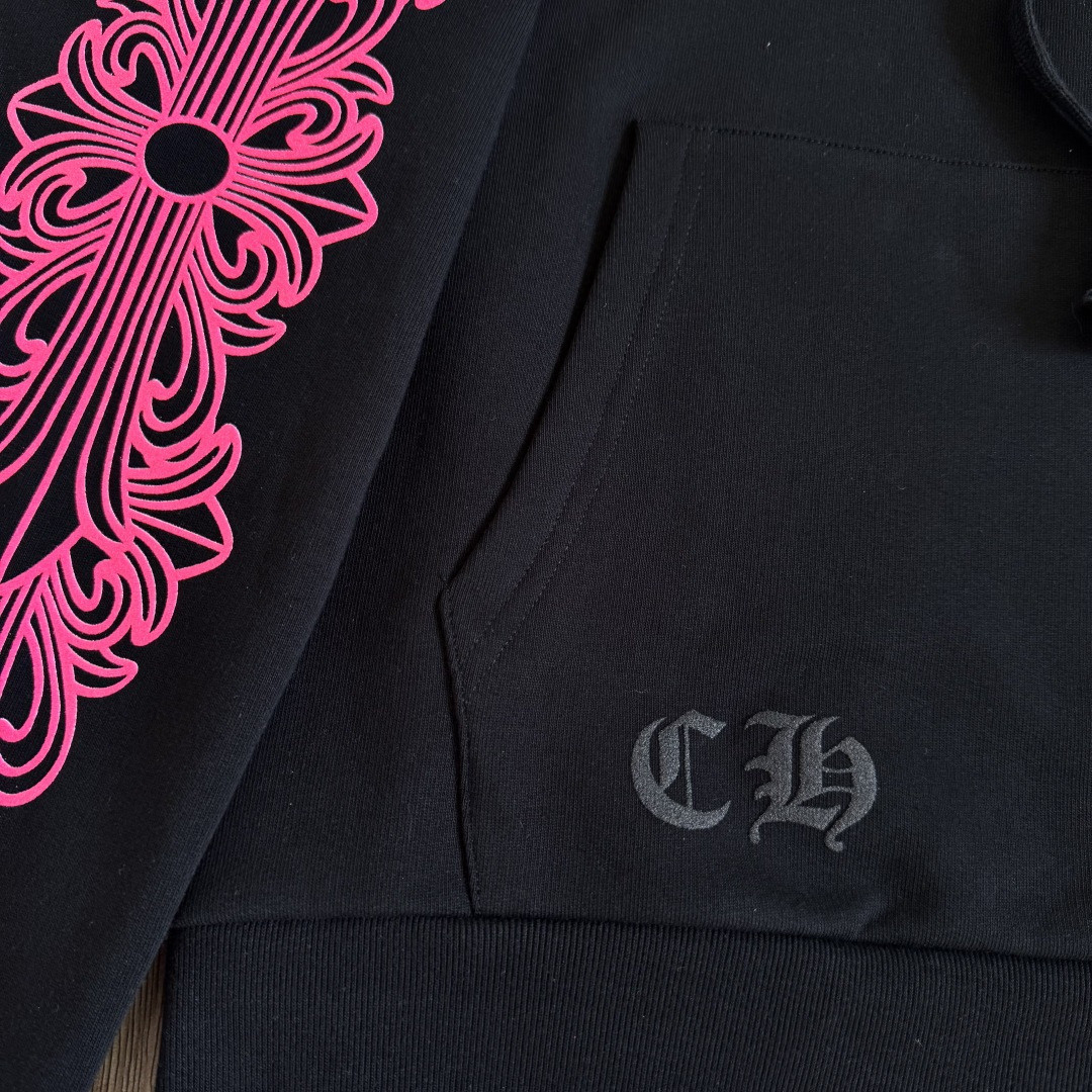 925纯银 Chrome Hearts 克罗心 后背粉色马蹄连帽卫衣 套头 外套 黑色 A5 