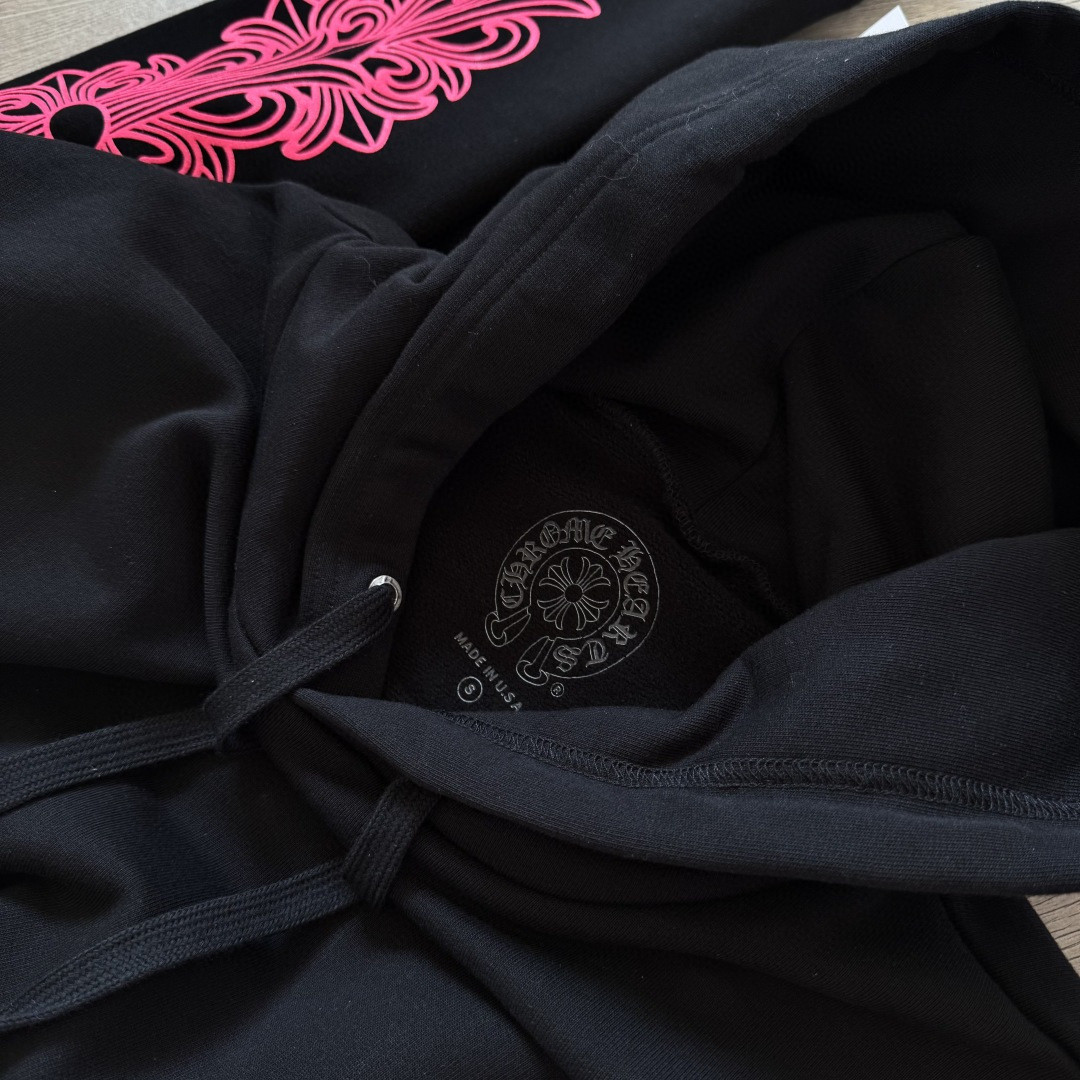 925纯银 Chrome Hearts 克罗心 后背粉色马蹄连帽卫衣 套头 外套 黑色 A5 