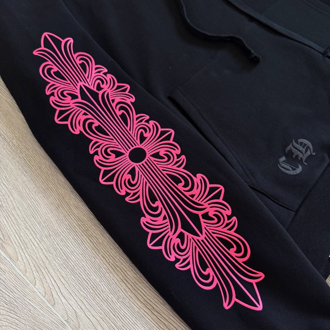 925纯银 Chrome Hearts 克罗心 后背粉色马蹄连帽卫衣 套头 外套 黑色 A5 