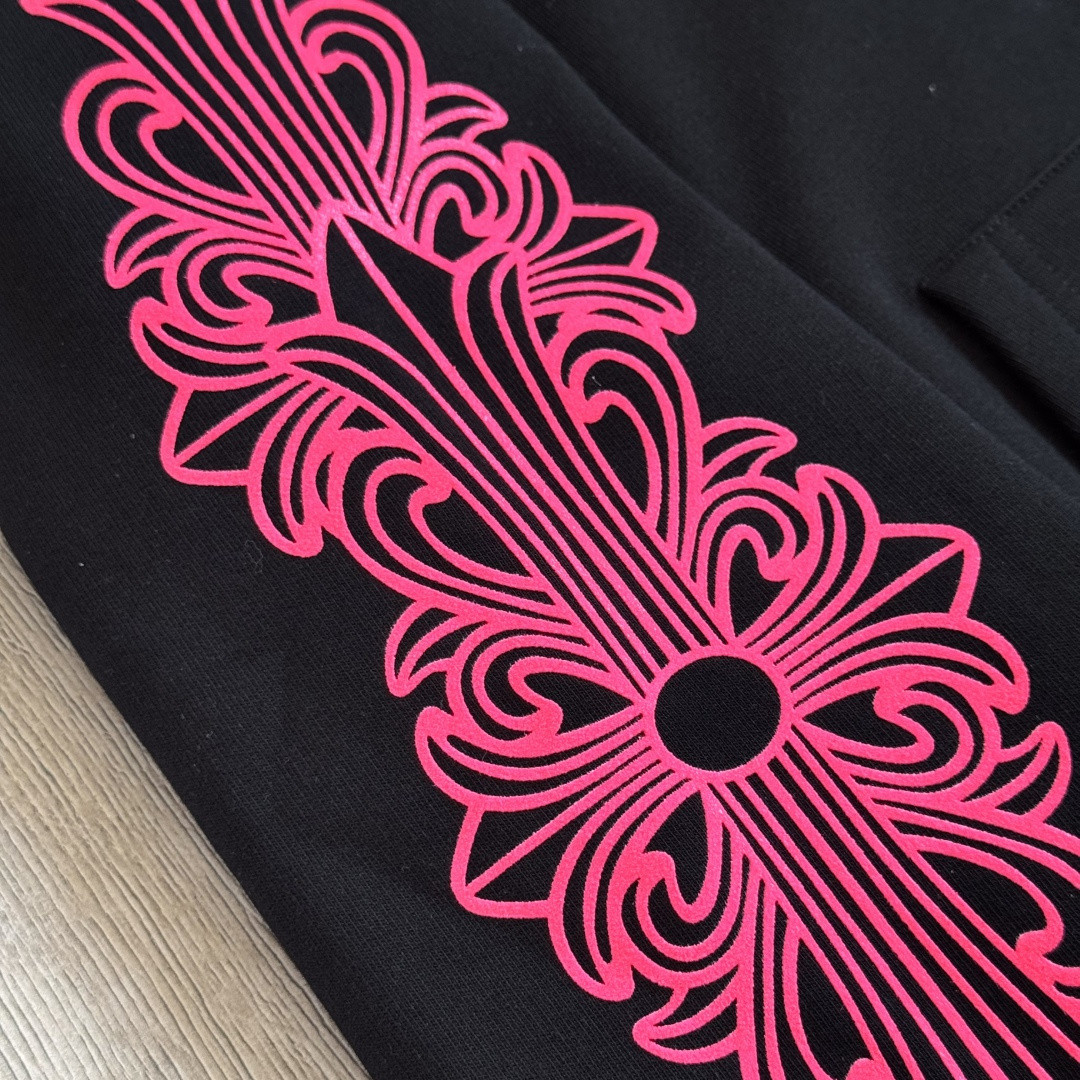 925纯银 Chrome Hearts 克罗心 后背粉色马蹄连帽卫衣 套头 外套 黑色 A5 