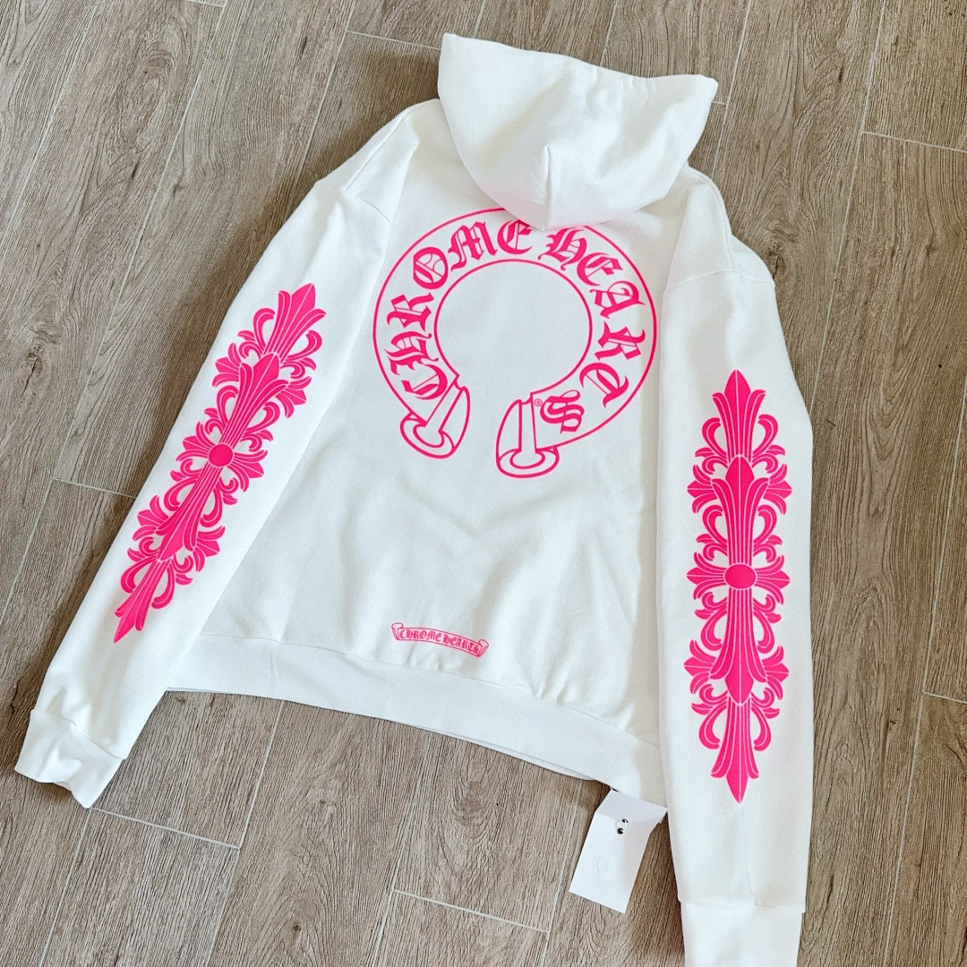 Chrome Hearts 克罗心 后背粉色马蹄连帽卫衣 套头 外套 白色 A5 042-075043