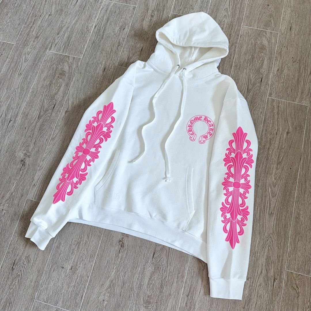 Chrome Hearts 克罗心 后背粉色马蹄连帽卫衣 套头 外套 白色 A5 042-075043