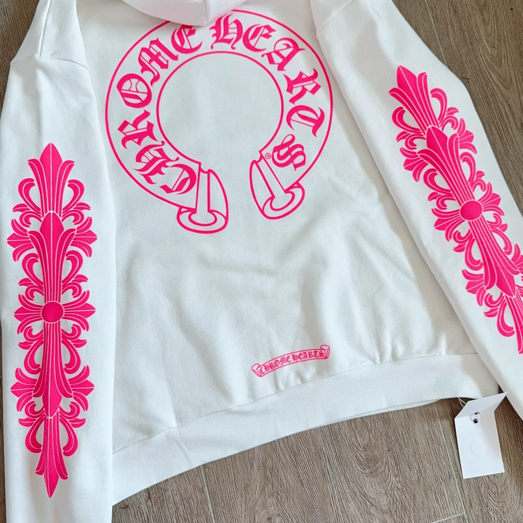 Chrome Hearts 克罗心 后背粉色马蹄连帽卫衣 套头 外套 白色 A5 042-075043