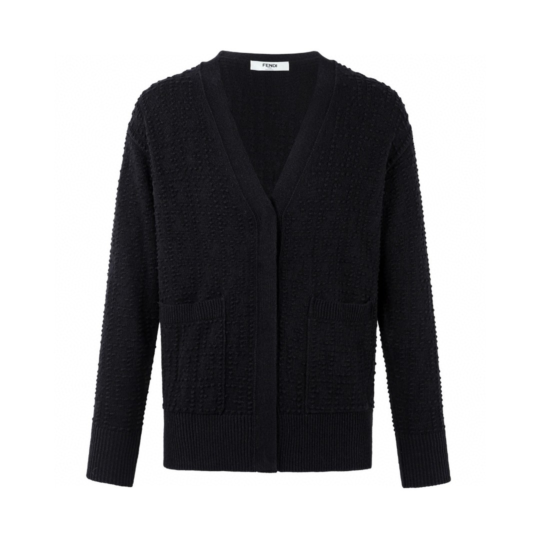 FENDI 芬迪 暗纹提花V领开衫 毛衣 针织衫 长袖 黑色 C0 FZE549AYM0F0GME