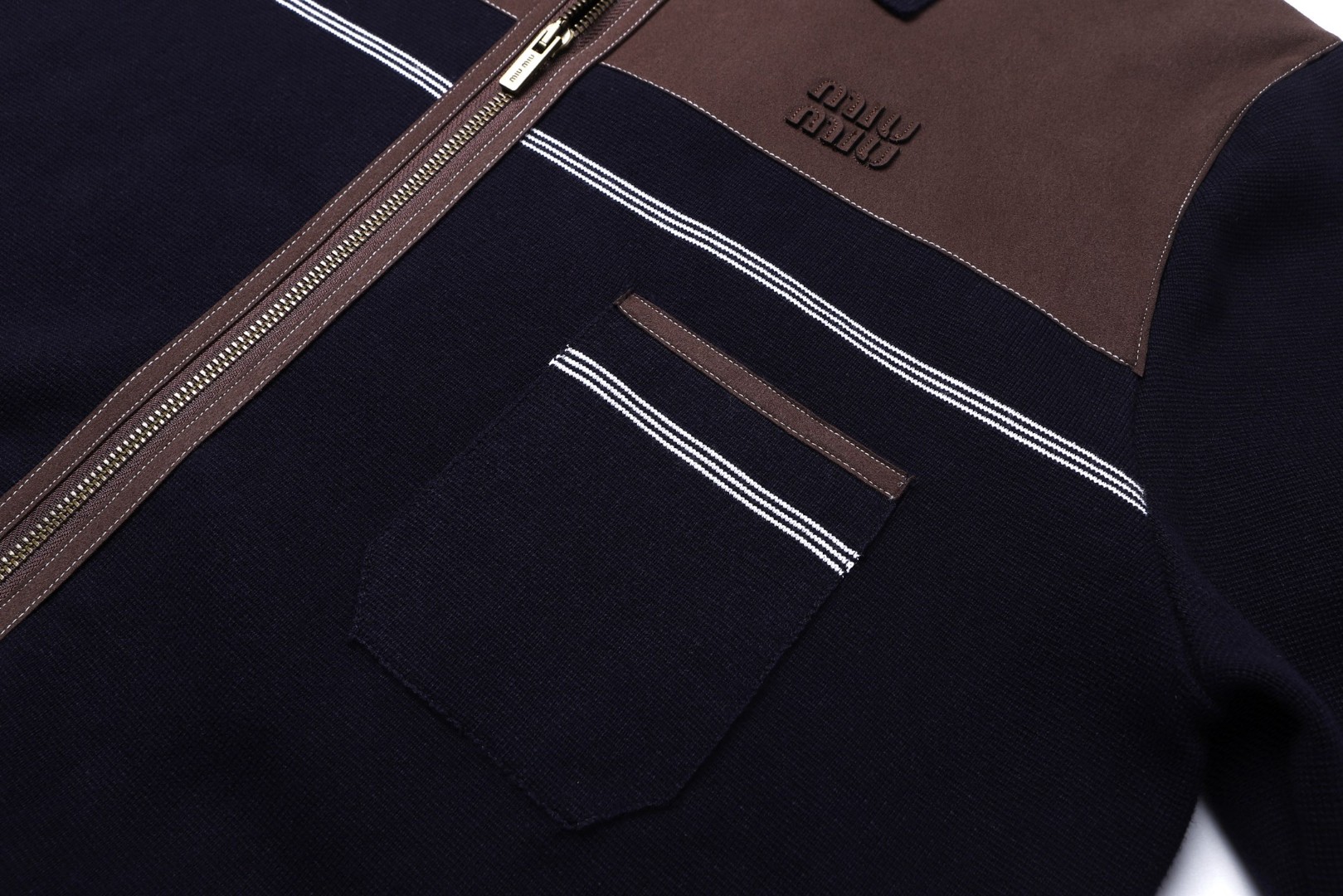 MIU MIU 缪缪 翻领皮革徽标拉链外套 夹克 长袖 保暖 棕蓝色 C0 MMJ149-18HN-F057W-S-OOO