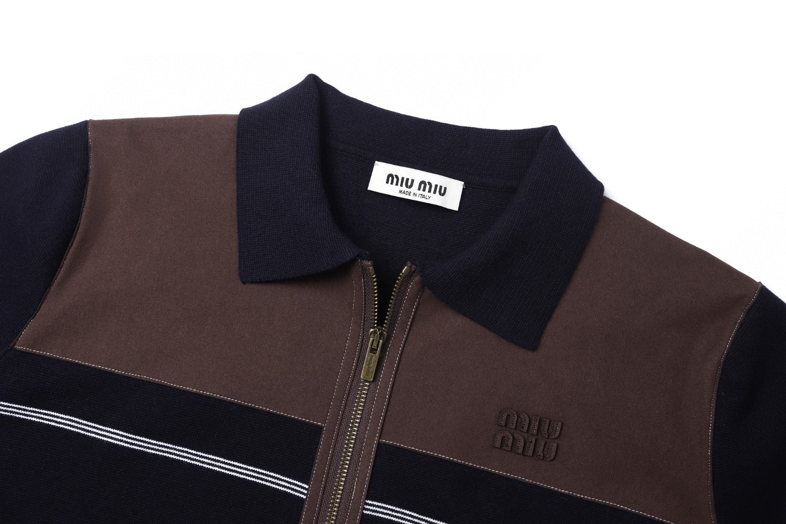 MIU MIU 缪缪 翻领皮革徽标拉链外套 夹克 长袖 保暖 棕蓝色 C0 MMJ149-18HN-F057W-S-OOO