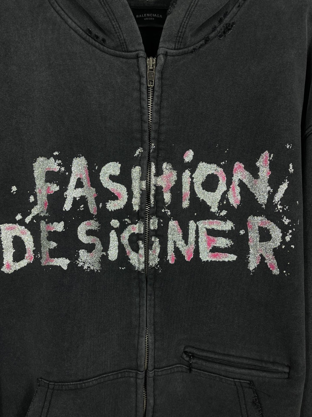 Balenciaga 巴黎世家 字母艺术金银粉印花拉链连帽卫衣 外套 长袖 黑色 B0 808227TSVC31041