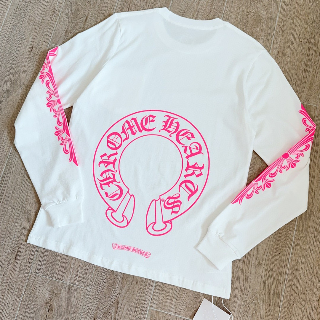 Chrome Hearts 克罗心 粉色双袖十字藤蔓后背马蹄长袖卫衣 T恤 套头 白色 A5 CH-2322617