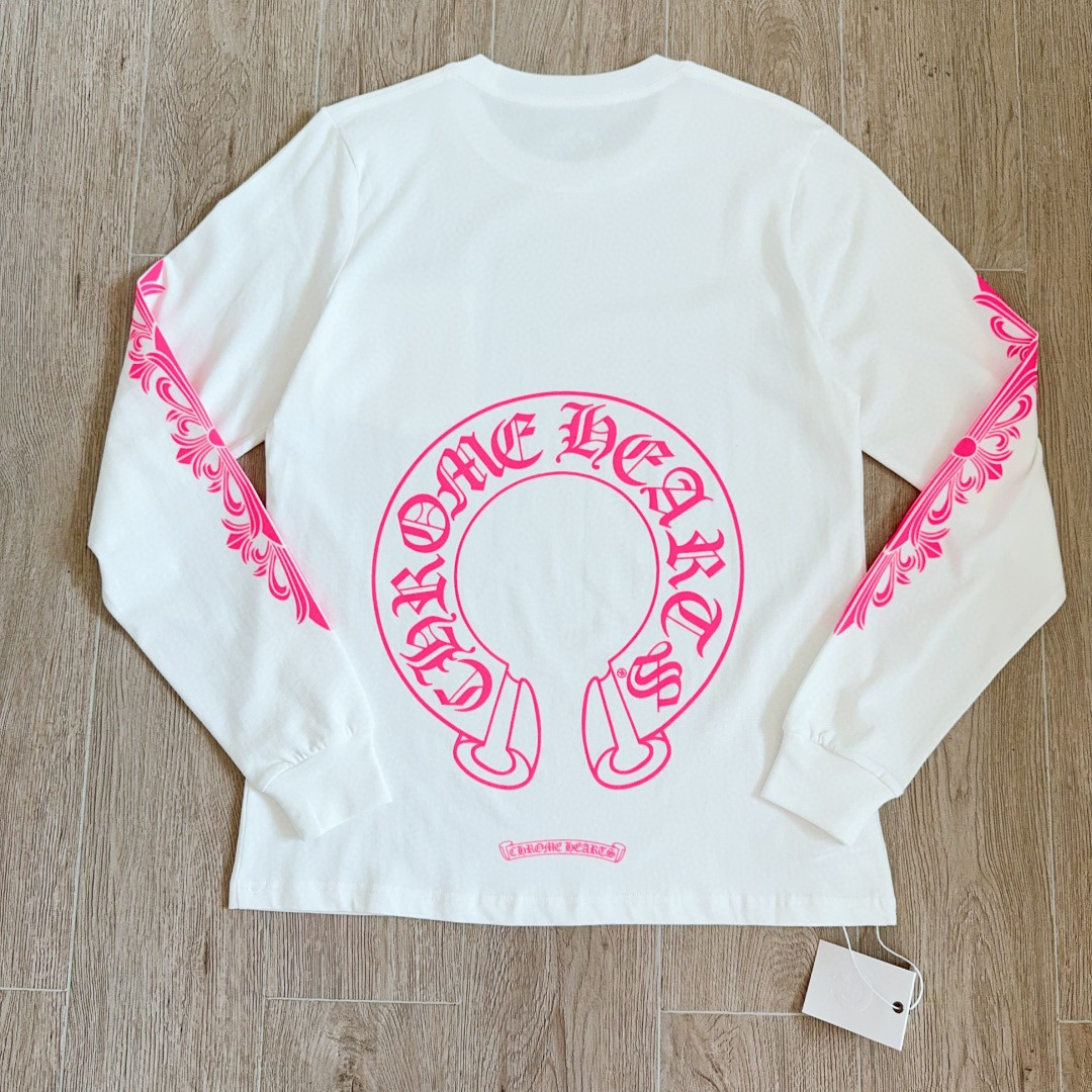 Chrome Hearts 克罗心 粉色双袖十字藤蔓后背马蹄长袖卫衣 T恤 套头 白色 A5 CH-2322617