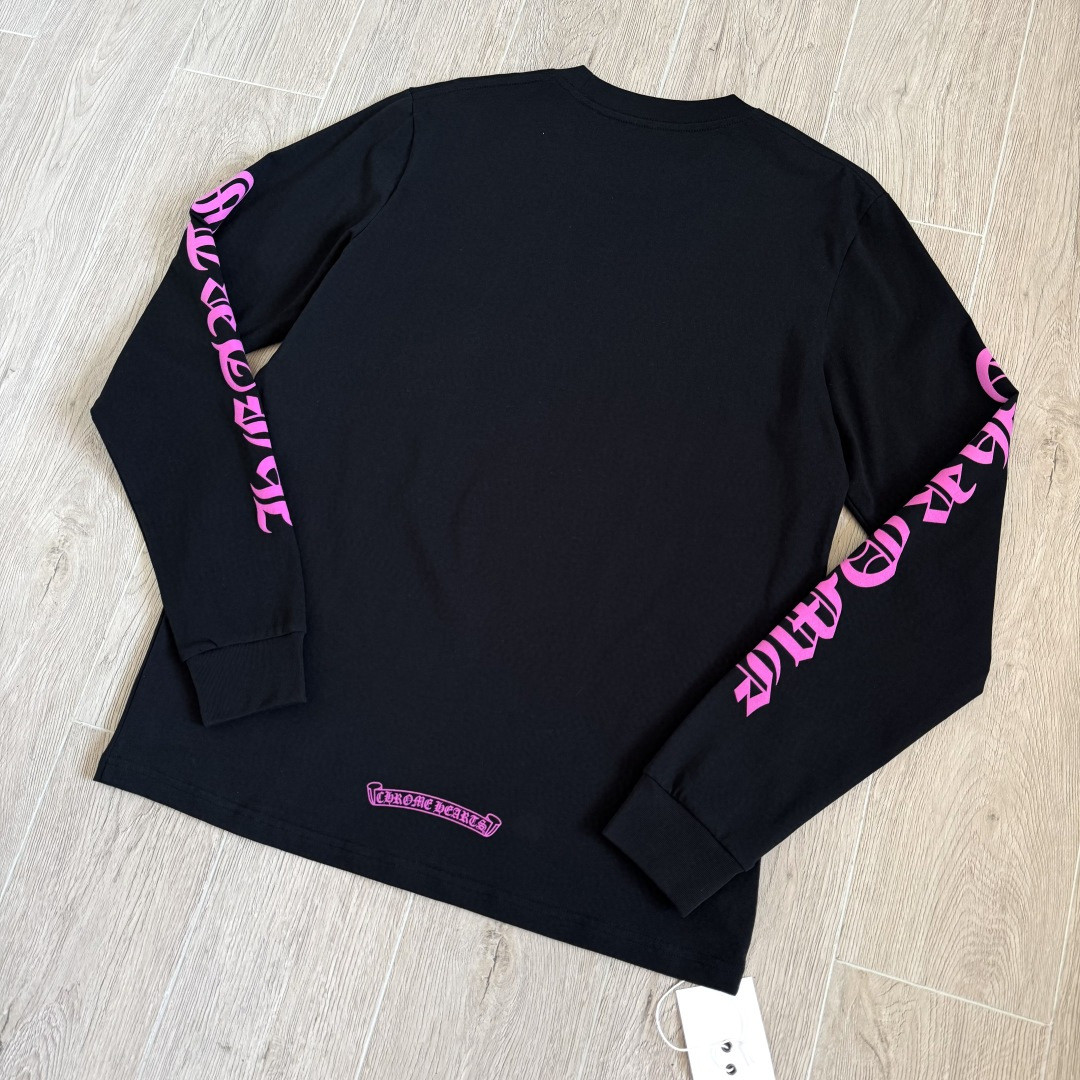 Chrome Hearts 克罗心 领口玫红长袖卫衣 T恤 套头 黑色 A5 CHS-571